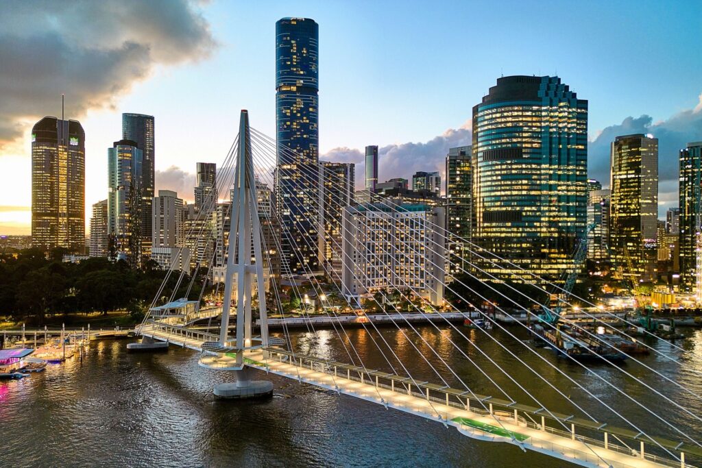 Kangaroo Point Bridge is one of the world’s longest span-cable pedestrian and cycle bridges. Image courtesy of BESIX Watpac & Brisbane City Council.